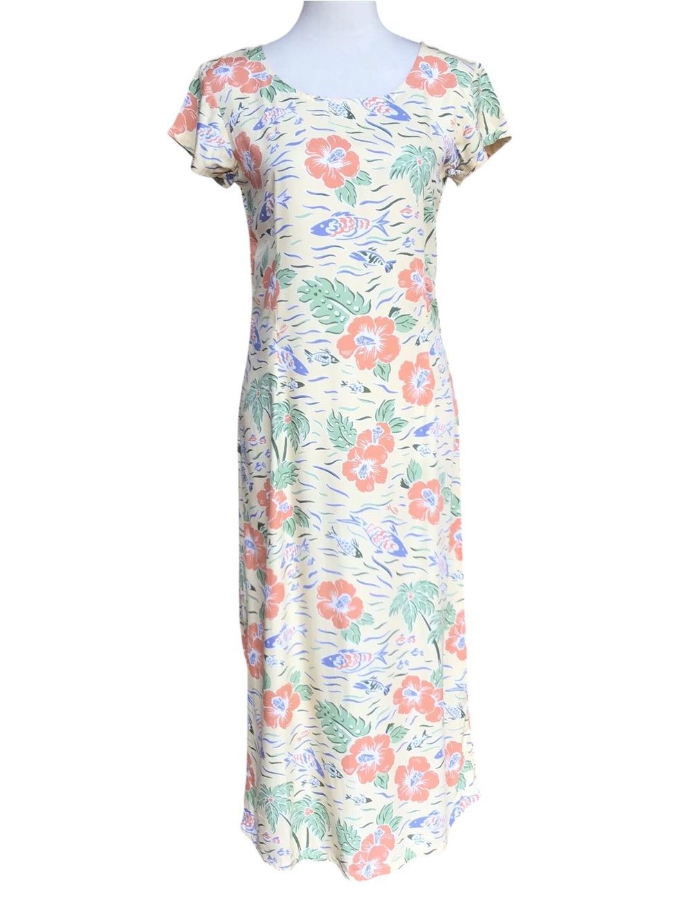 Sportif USA Tropical Floral Short Sleeve Midi Dress Size Small Vintage